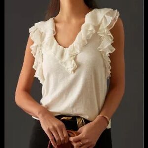 Anthropologie Ivory Ruffled V Neck Top Blouse